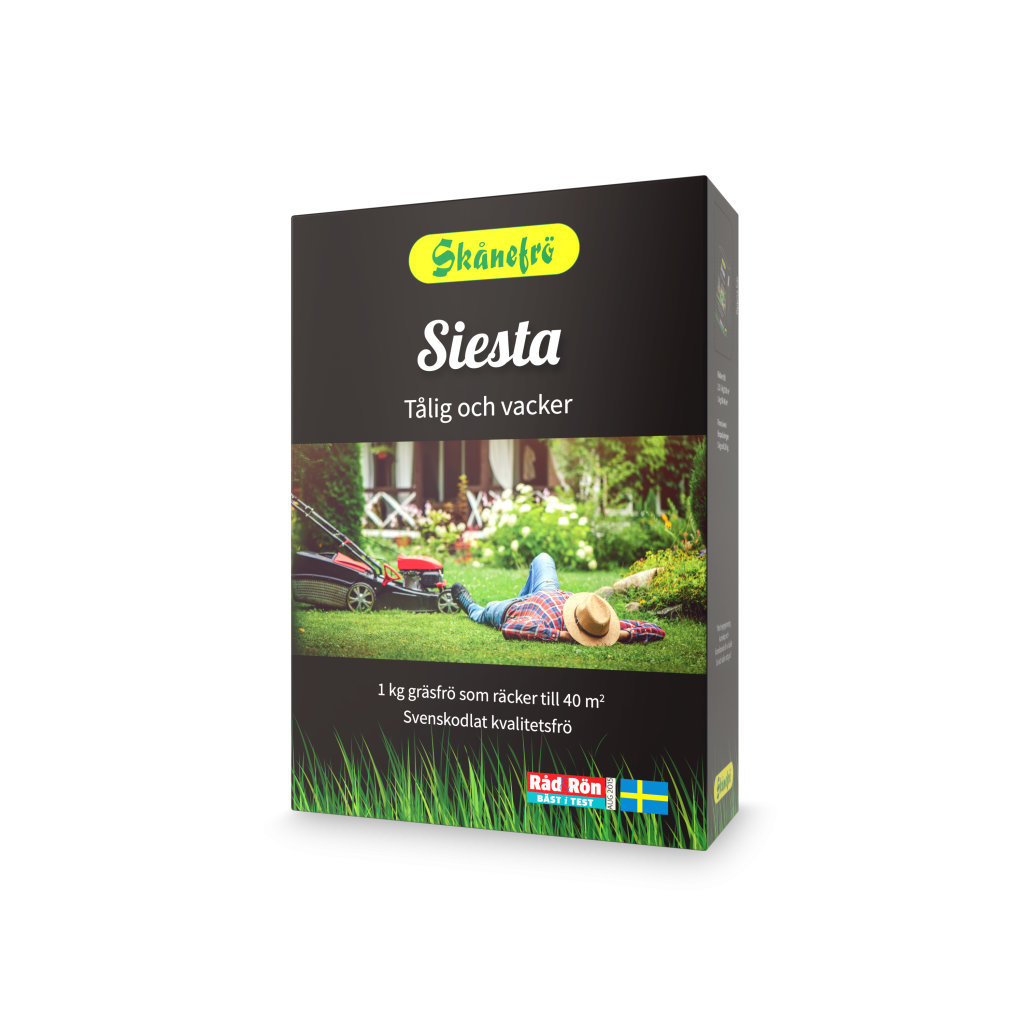 Förpackning med gräsfrö Siesta från Skånefrö.