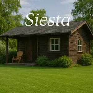 Bild på ett fritidshus med grön gräsmatta framför. Fröblandning Siesta.