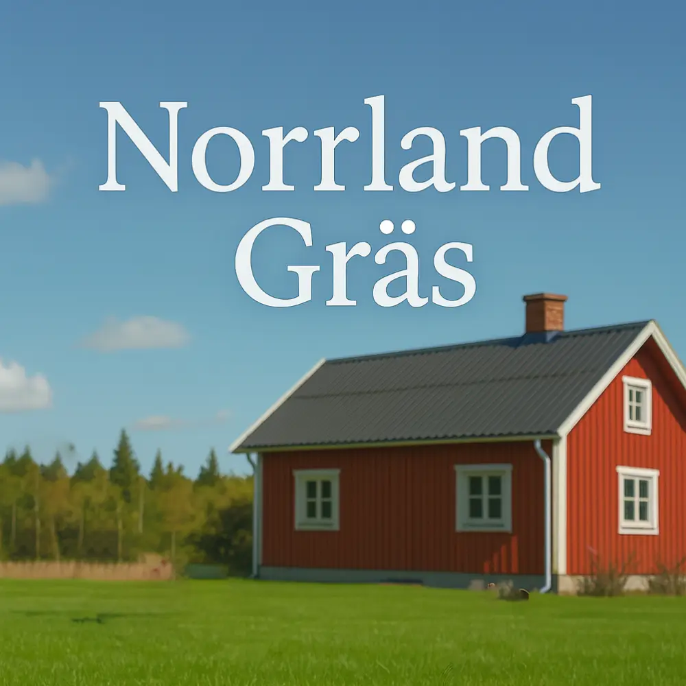 bild rött hus med vita knutar och gräs framför. norrland gräsfrö.